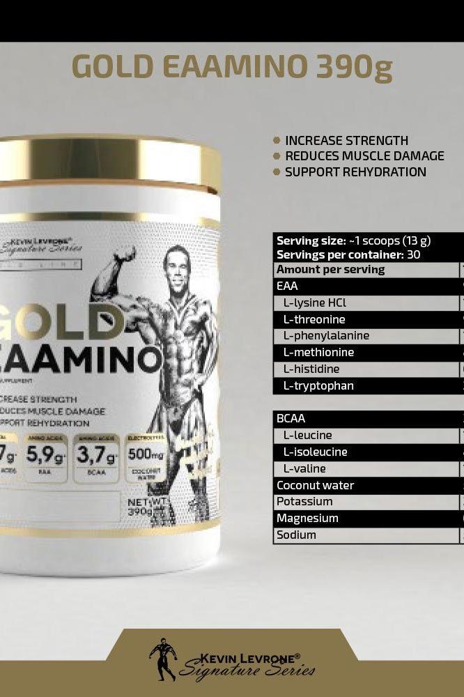 Kevin Levrone Gold EAAmino 390g container with benefits for strength, muscle recovery, and hydration.