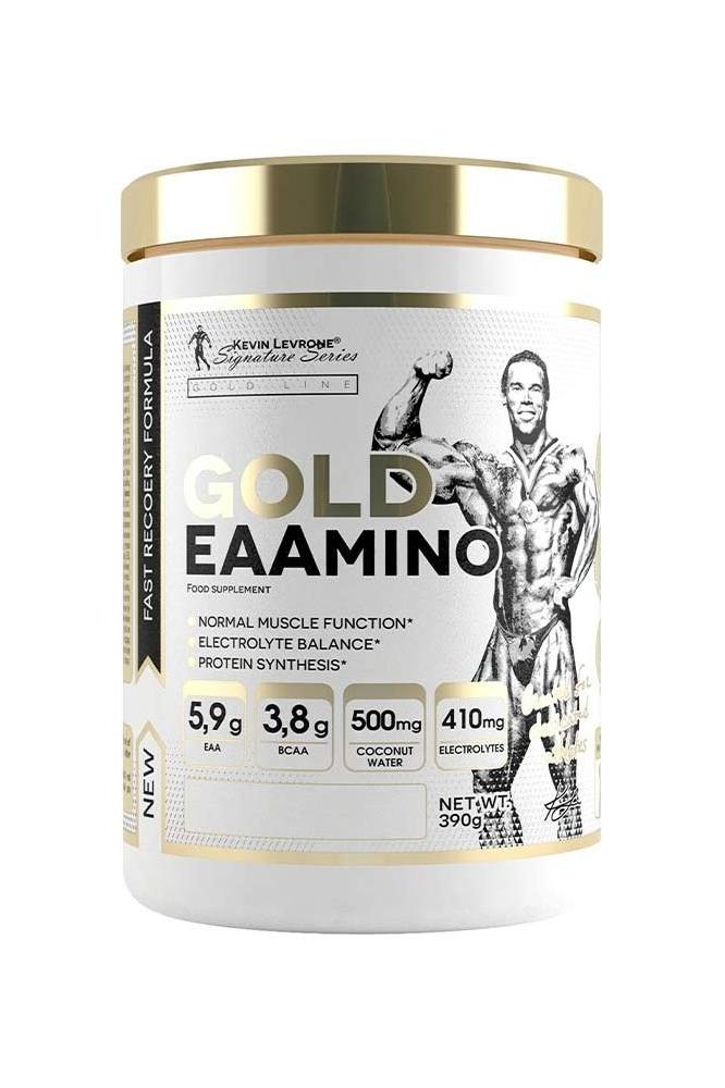 Kevin Levrone Gold EAAmino supplement jar with details on BCAA, amino acids, and electrolytes for muscle recovery.