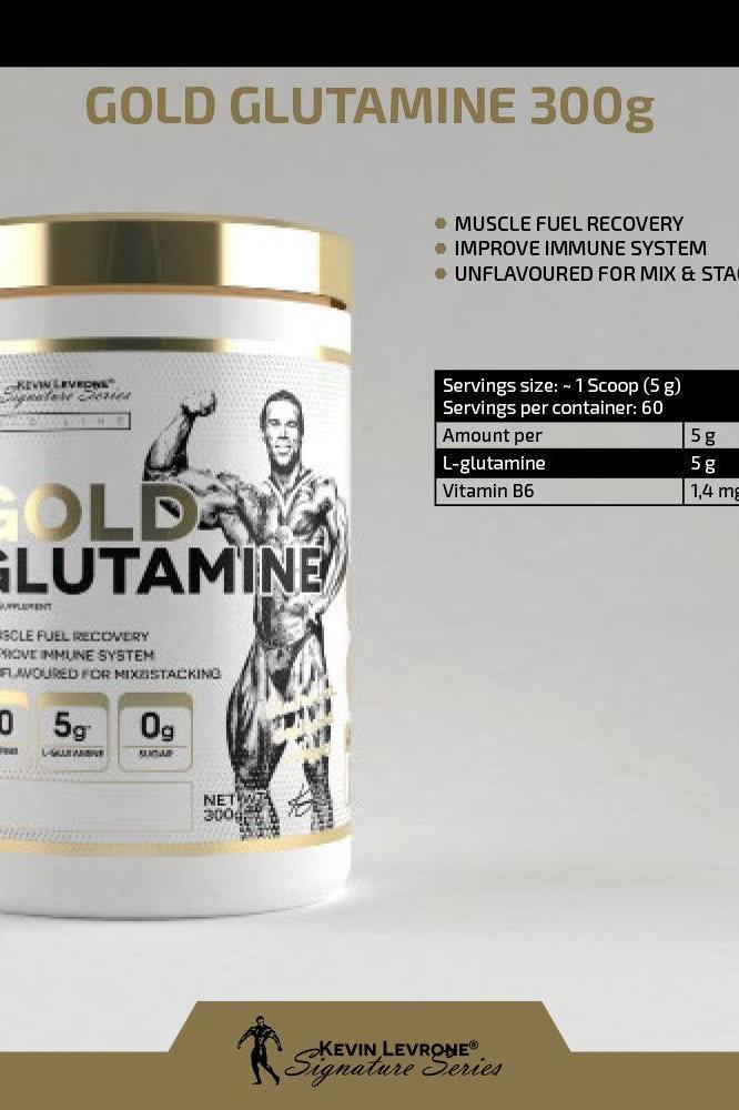 Gold Glutamine 300g by Kevin Levrone, designed for muscle recovery and immune support, featuring L-Glutamine and Vitamin B6.