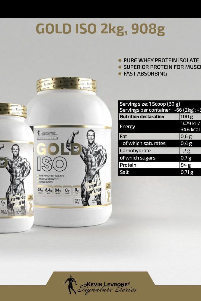 Gold ISO protein powder by Kevin Levrone, 2kg, high-quality whey protein isolate, nutritional information included.