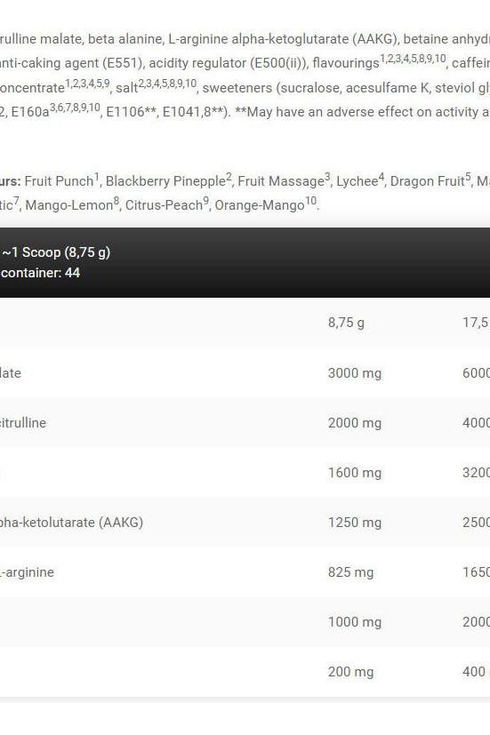 Nutrition facts and ingredients for Kevin Levrone Gold Line Fruit Massage supplement, 385g.