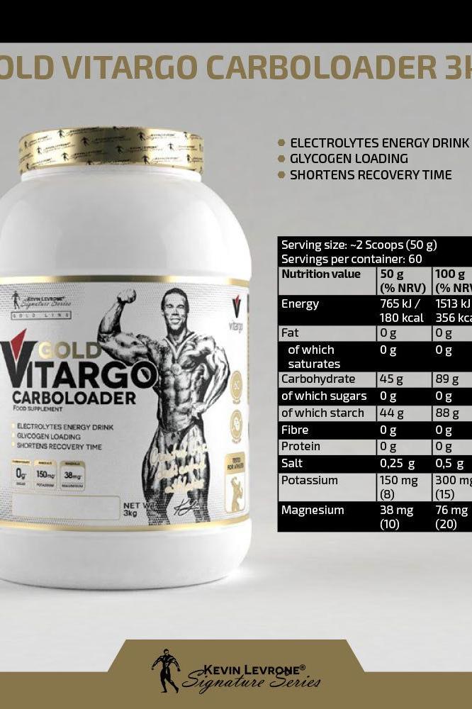 Gold Vitargo Carboloader by Kevin Levrone, energy drink for glycogen loading and recovery support.