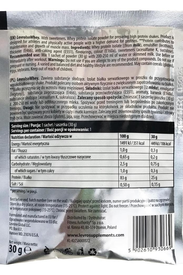 Back of Levro Iso Whey protein supplement package with nutritional information.