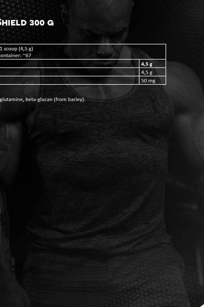 Product label for Kevin Levrone Levro Shield 300 g showing nutritional information and serving details.