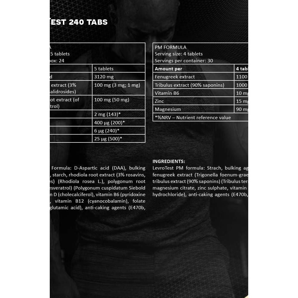 Label of Kevin Levrone Levro Test AM PM Formula 240 Tablets with ingredient details and nutritional information.