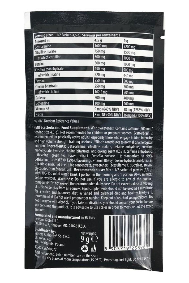 Nutritional label for Kevin Levrone Scatterbrain Sample, Lychee flavor, detailing ingredients and serving size.