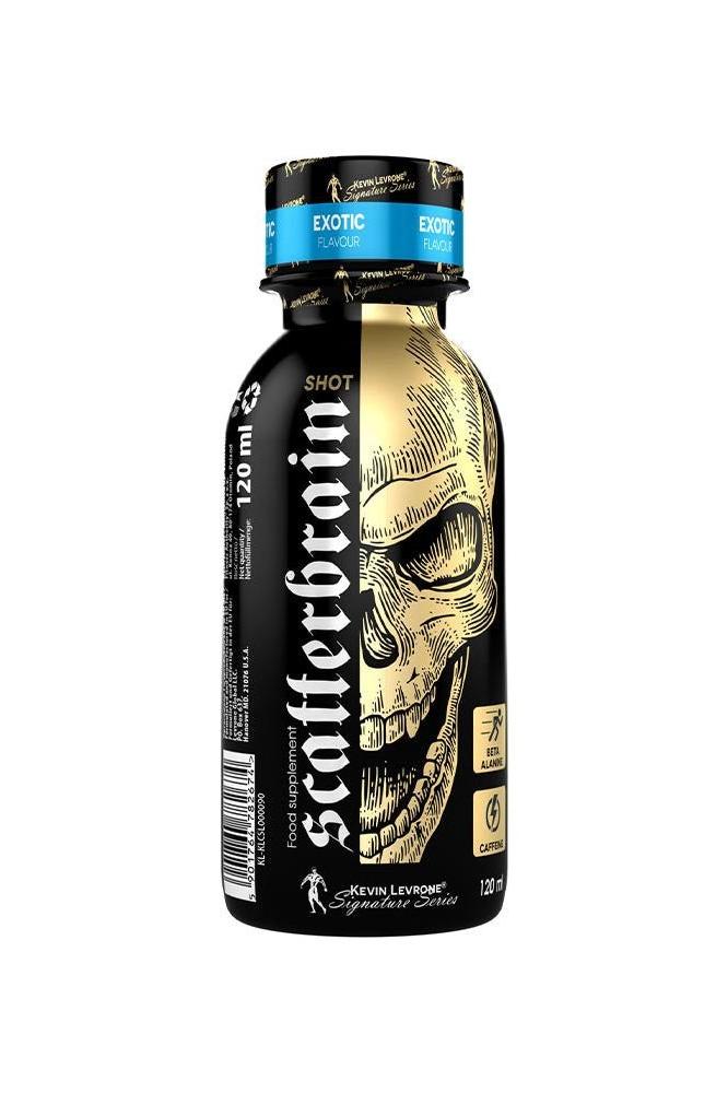 Kevin Levrone Scatterbrain Shot, 120ml pre-workout supplement with unique skull design.