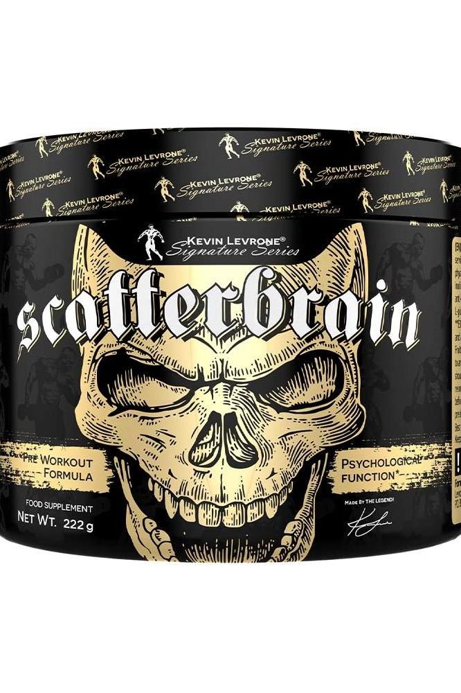Kevin Levrone Scatterbrain supplement container featuring a skull design, enhances blood flow and cognitive function.