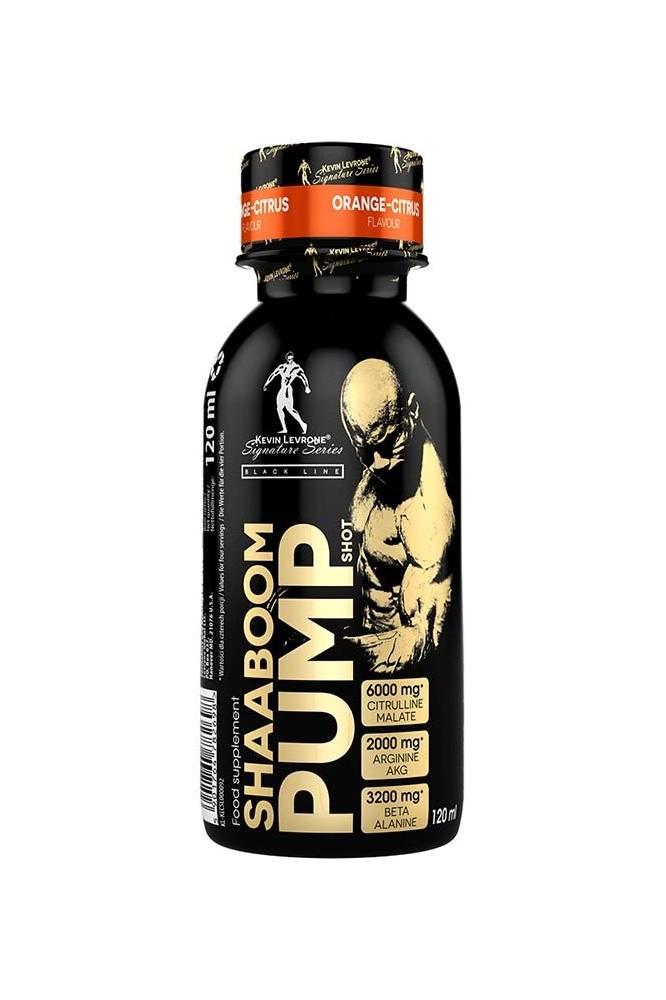 Kevin Levrone Shaaboom Pump Shot, 120ml, citrus flavored pre-workout with L-Arginine for muscle pump and recovery.