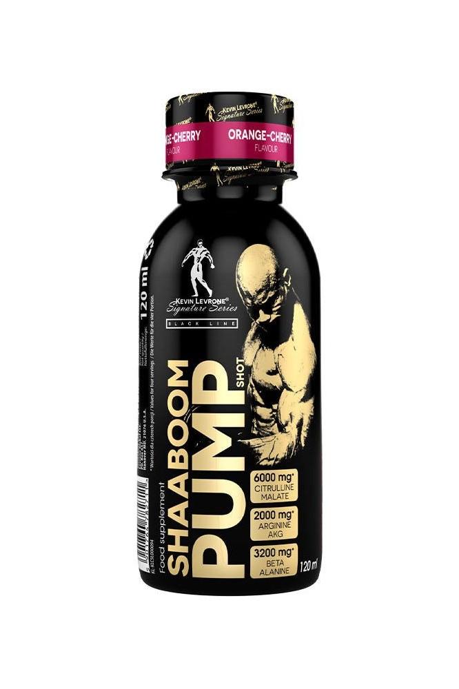 Shaaboom Pump Shot by Kevin Levrone in black bottle with orange-cherry flavor and nutritional info.