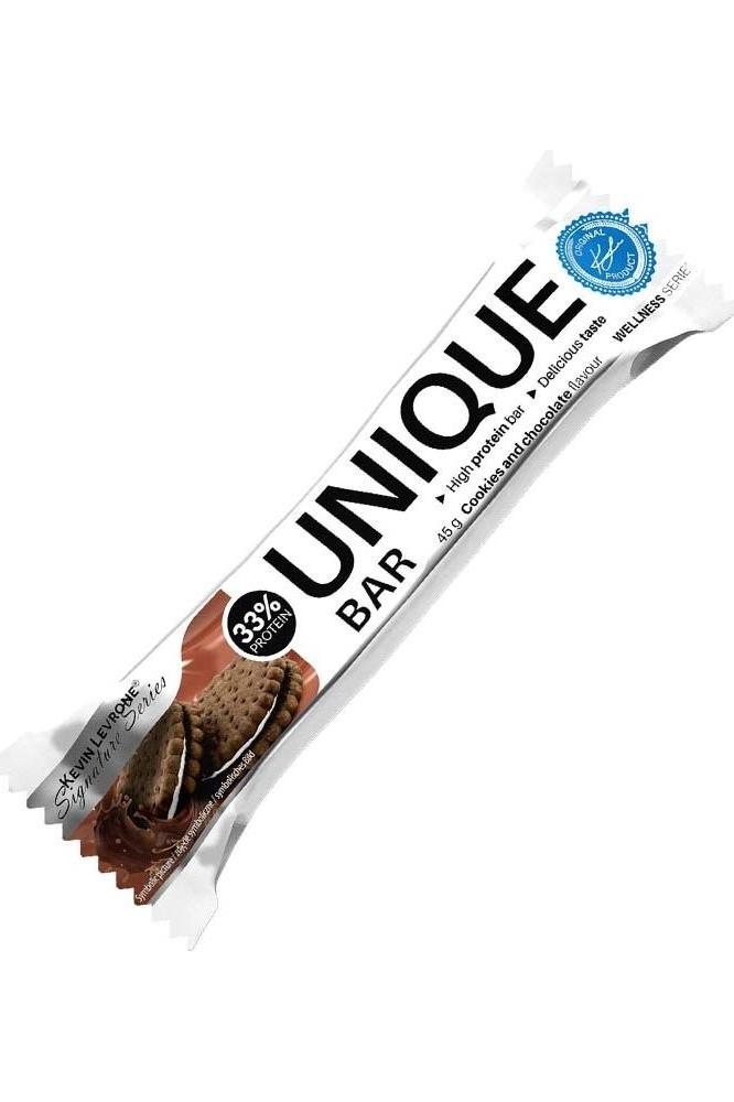 Kevin Levrone Unique Bar protein bar with chocolate flavor, 33% protein, perfect post-workout snack.