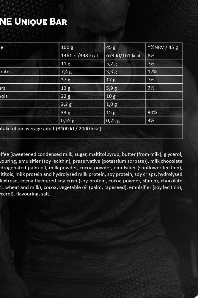 Nutritional information for Kevin Levrone Unique Bar, detailing calories, protein, and ingredients.
