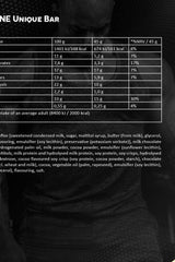 Nutritional information for Kevin Levrone Unique Bar, detailing calories, protein, and ingredients.