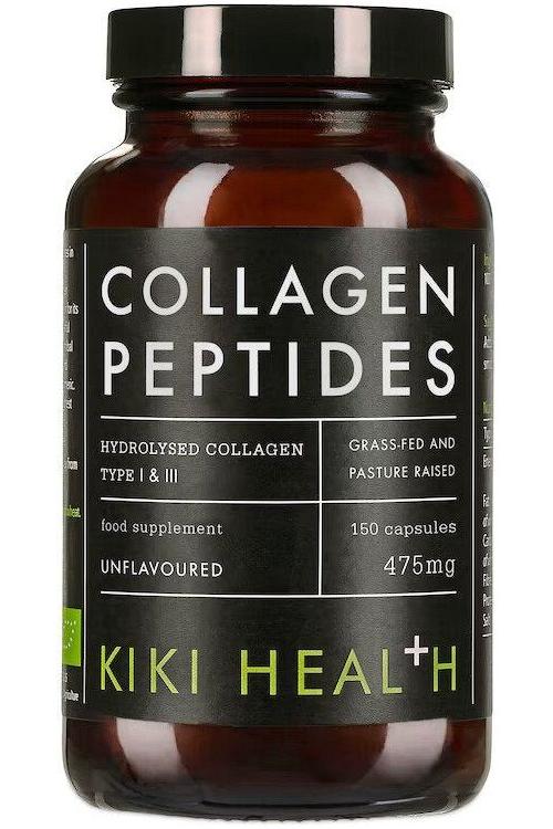 KIKI Health Collagen Peptides bottle with 150 capsules, supporting skin, joints, and muscle recovery.