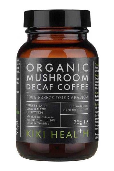 KIKI Health Organic Decaffeinated Mushroom Coffee jar, 100% freeze-dried Arabica, 75g, with mushroom extracts and no fillers.