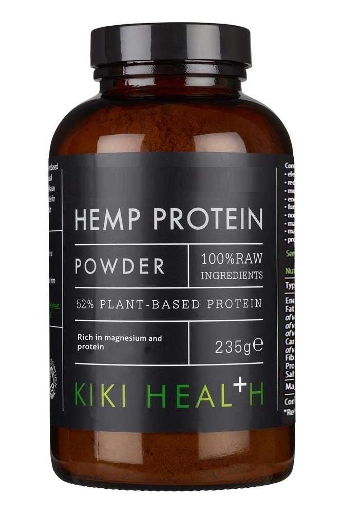 Kiki Health Hemp Protein Powder in a brown container with raw ingredients label, 235g, rich in plant-based protein.