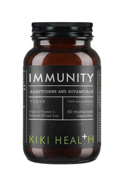 KIKI Health Immunity supplement bottle featuring vegan capsules high in Vitamin C, D, and Zinc for immune support.
