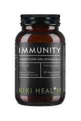 KIKI Health Immunity supplement bottle featuring vegan capsules high in Vitamin C, D, and Zinc for immune support.