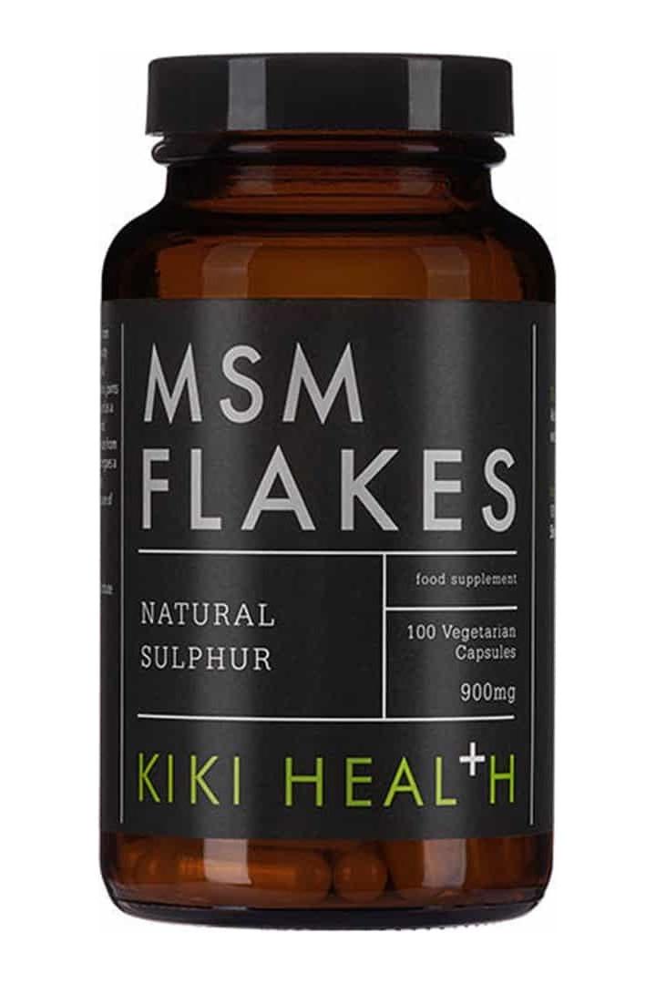 Kiki Health MSM Flakes bottle, a vegan food supplement for joint, skin, hair, and nail health, 900mg, 100 capsules.