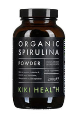 KIKI Health Organic Spirulina powder jar, 200g, rich in nutrients, non-GMO, supports health and well-being.