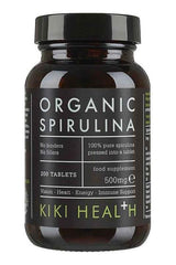 KIKI Health Organic Spirulina supplement bottle, 200 tablets, pure spirulina without fillers or binders, 500mg.