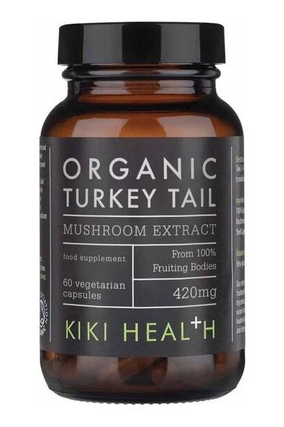 KIKI Health Organic Turkey Tail Extract bottle, 60 vegetarian capsules, 420mg mushroom supplement.