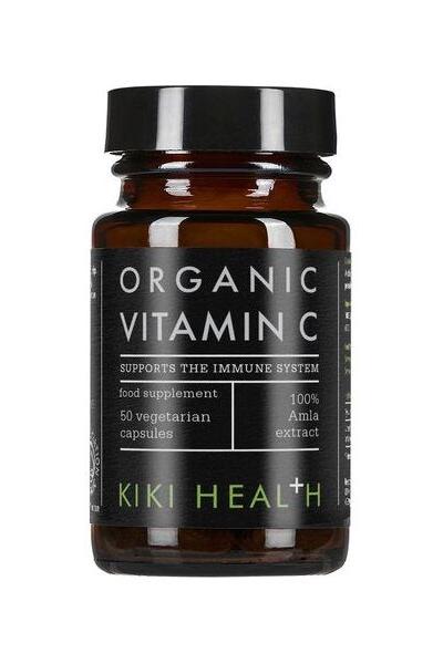 KIKI Health Organic Vitamin C supplement with Amla extract in a 50 vegetarian capsules bottle.