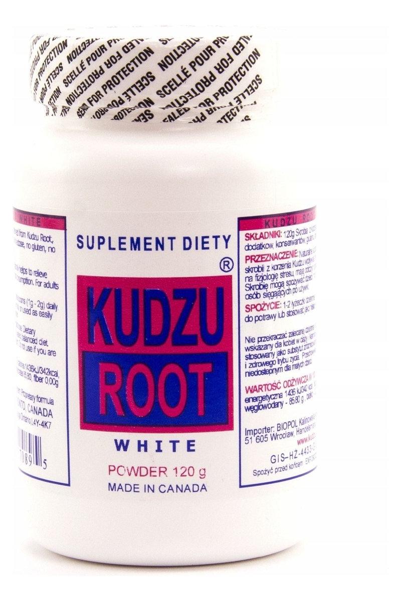 K&K BIO+ Kudzu Root White dietary supplement bottle, 120 g, promoting digestion and reducing cravings.