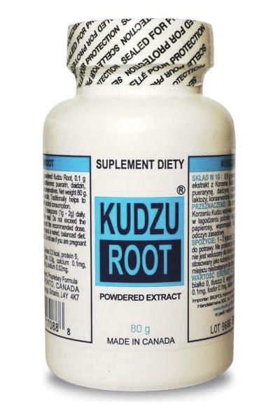 Kudzu Root dietary supplement bottle, 80g powdered extract for digestive support and appetite regulation.