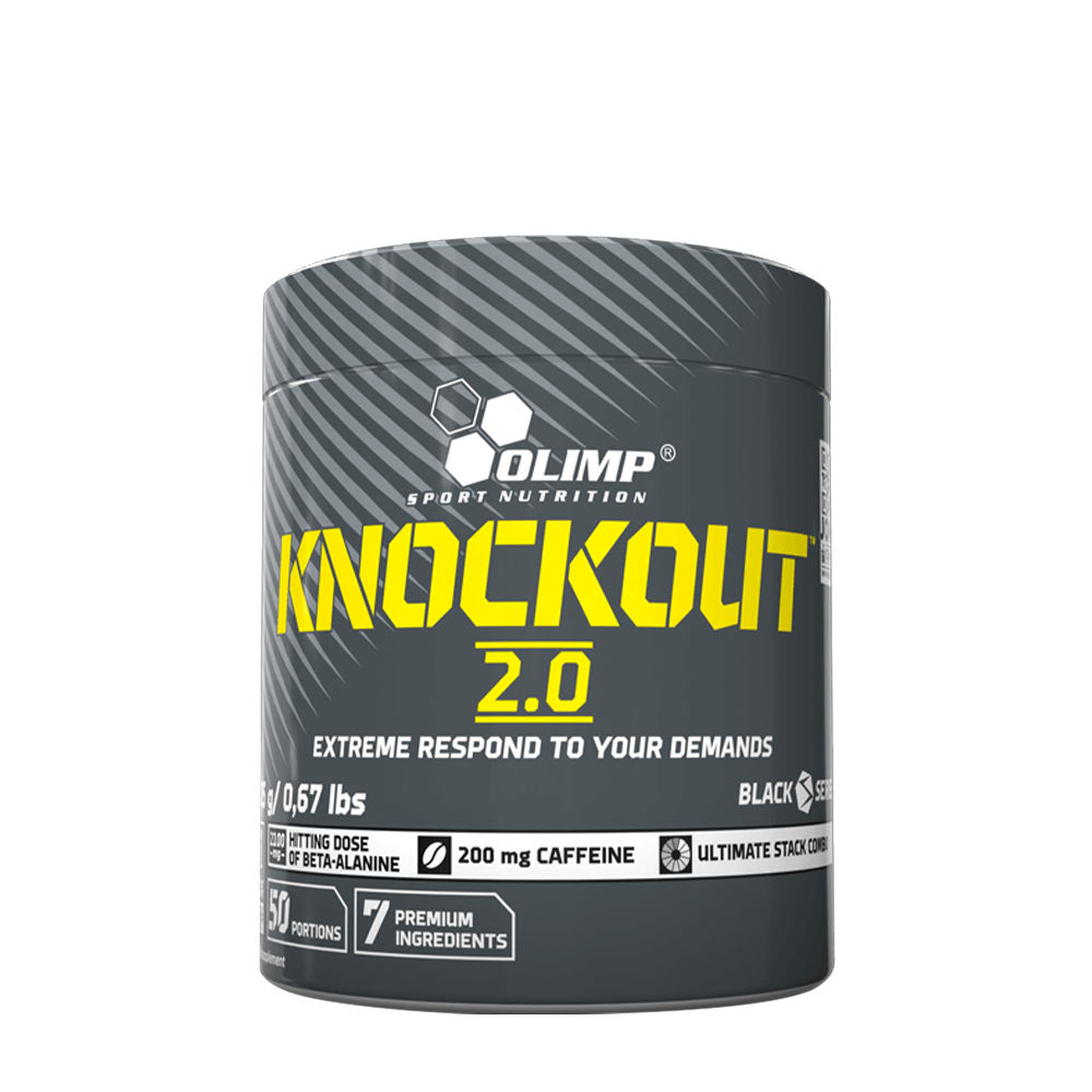 Olimp Knockout 2.0 supplement container with high beta-alanine and caffeine for endurance and focus.