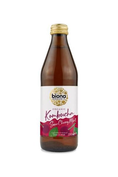 Biona Organic Kombucha bottle with Sour Cherry Mint flavor, 330ml, made from organic ingredients.