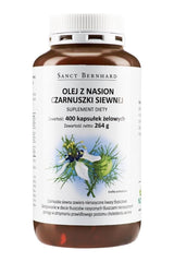 Kräuterhaus Sanct Bernhard Black Cumin Oil capsules bottle, 400 capsules, dietary supplement.