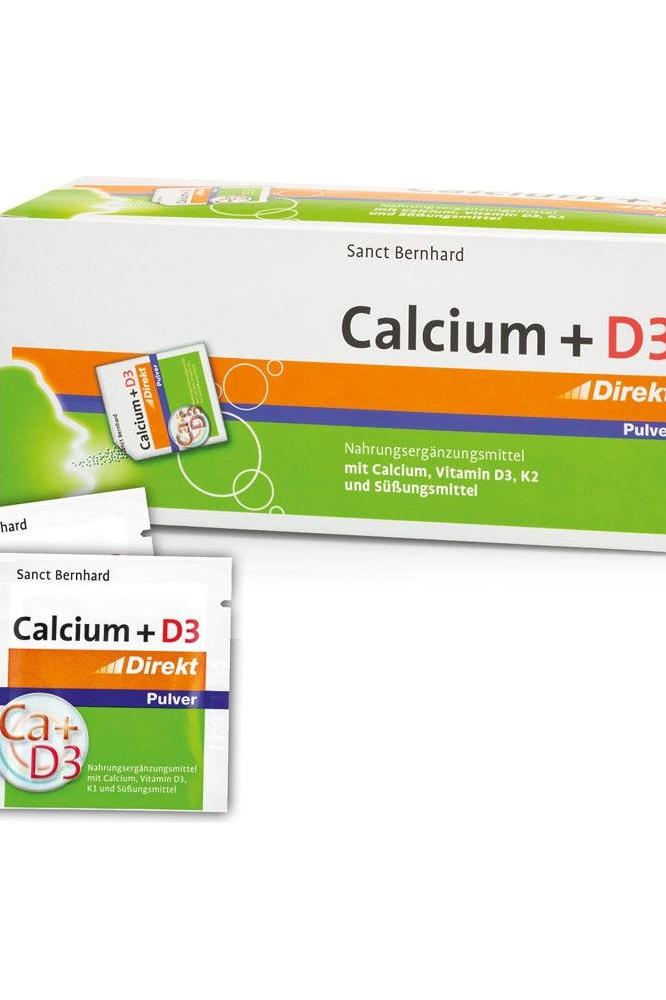 Kräuterhaus Sanct Bernhard Calcium + D3 Direct Powder packaging with individual sachets and product details.