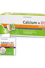 Kräuterhaus Sanct Bernhard Calcium + D3 Direct Powder packaging with individual sachets and product details.