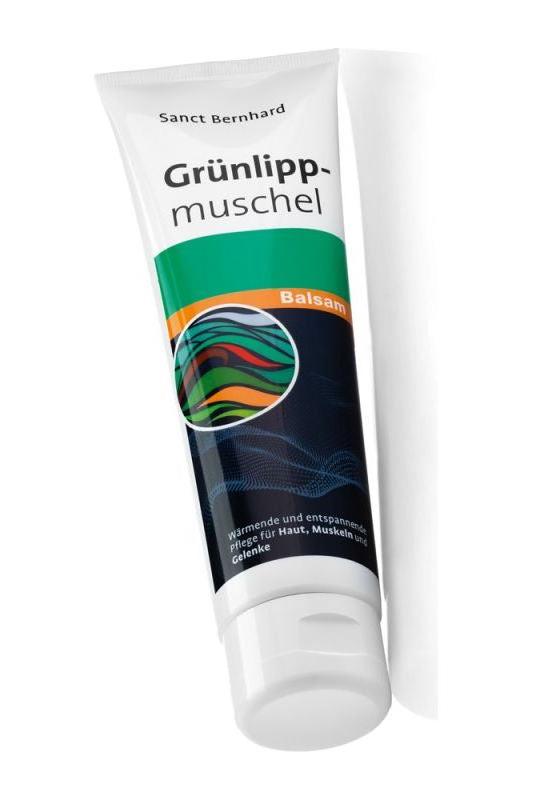 Kräuterhaus Sanct Bernhard Green-Lipped Mussel Balm tube, featuring natural pain relief, anti-inflammatory benefits, and skin elasticity support.