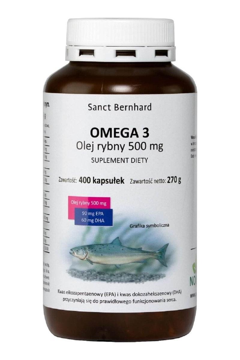 Kräuterhaus Sanct Bernhard Omega 3 Fish Oil capsules bottle, 500 mg, 400 capsules, dietary supplement for heart and brain health.
