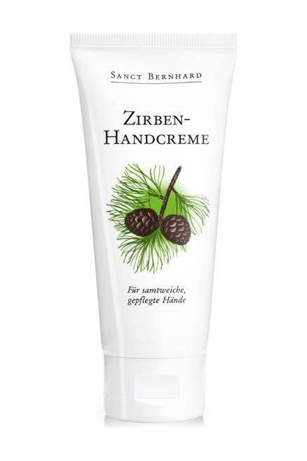 Kräuterhaus Sanct Bernhard Zirben Hand Cream tube with cembra pine illustration, promoting soft, cared-for hands.