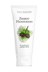 Kräuterhaus Sanct Bernhard Zirben Hand Cream tube with cembra pine illustration, promoting soft, cared-for hands.