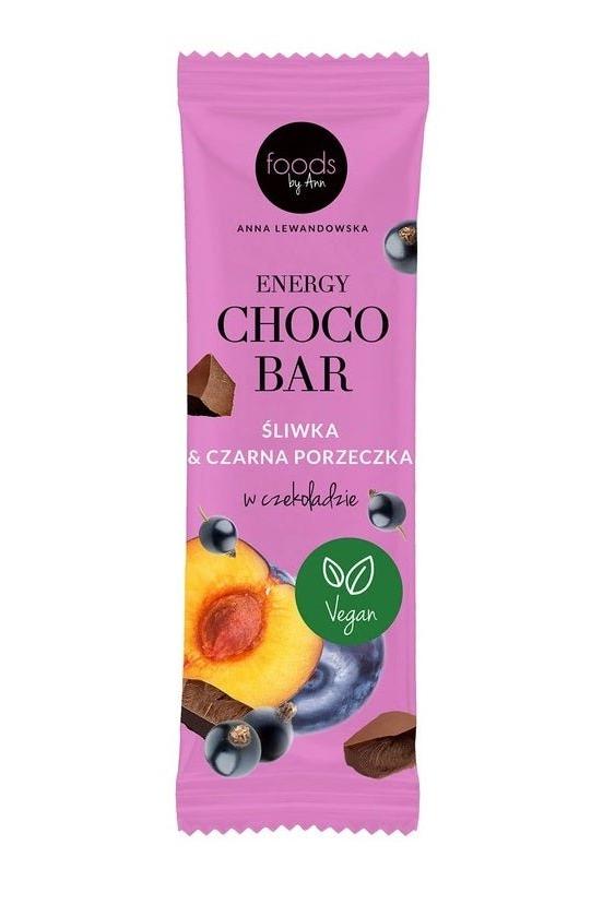 Levann Energy Choco Bar, vegan snack with plum and blackcurrant flavor, healthy chocolate option for energy boost.