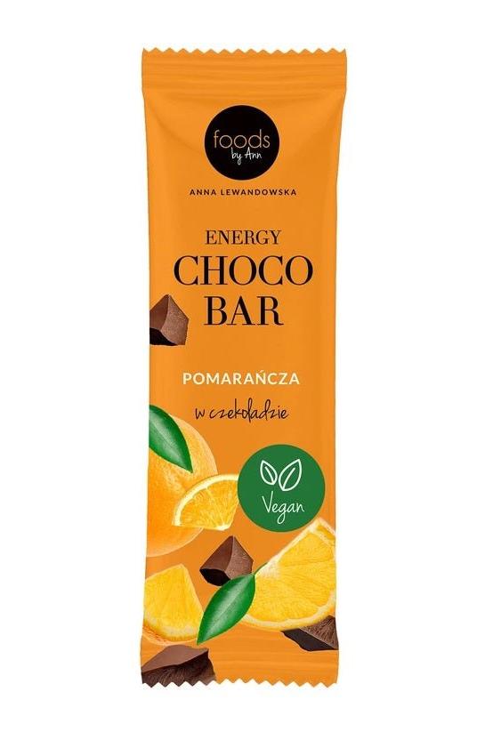 Levann Energy Choco Bar with orange flavor, vegan label, healthy snack option in a vibrant packaging.