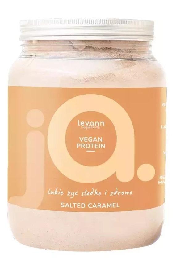 Levann jA Vegan Protein in Salted Caramel flavor, gluten-free and lactose-free, packaged in a clear jar.