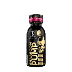 Kevin Levrone Shaaboom Pump Shot supplement in orange-cherry flavor, enriched with L-Arginine and Beta-Alanine.
