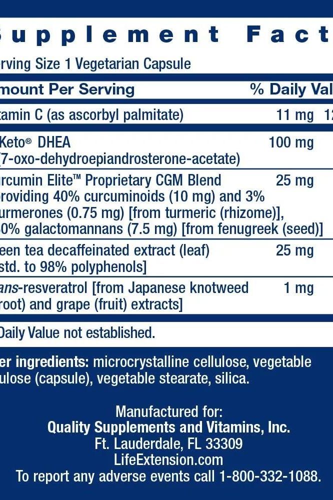 Supplement facts label for Life Extension 7-Keto DHEA Veg Capsules highlighting ingredients and daily values.