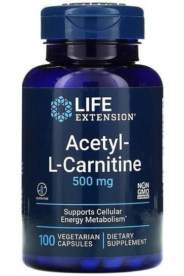 Bottle of Life Extension Acetyl-L-Carnitine 500mg, 100 vegetarian capsules for cellular energy support.