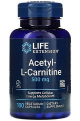 Bottle of Life Extension Acetyl-L-Carnitine 500mg, 100 vegetarian capsules for cellular energy support.