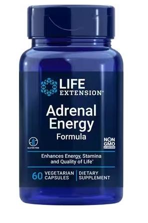 Life Extension Adrenal Energy Formula, dietary supplement in a blue bottle, enhances energy and stamina.