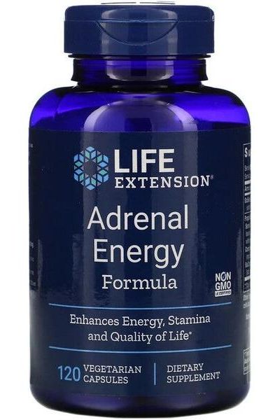 Life Extension Adrenal Energy Formula supplement bottle, enhances energy and stamina, 120 vegetarian capsules.