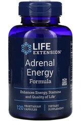 Life Extension Adrenal Energy Formula supplement bottle, enhances energy and stamina, 120 vegetarian capsules.