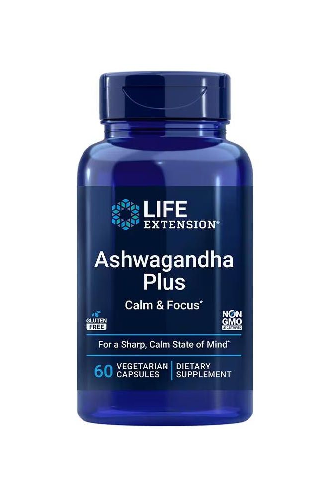 Life Extension Ashwagandha Plus Calm & Focus dietary supplement bottle with 60 vegetarian capsules.