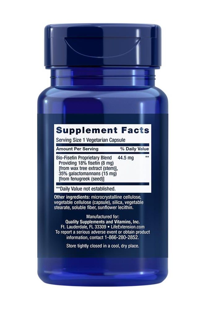 Life Extension Bio-Fisetin supplement bottle with nutrition facts and serving size details.